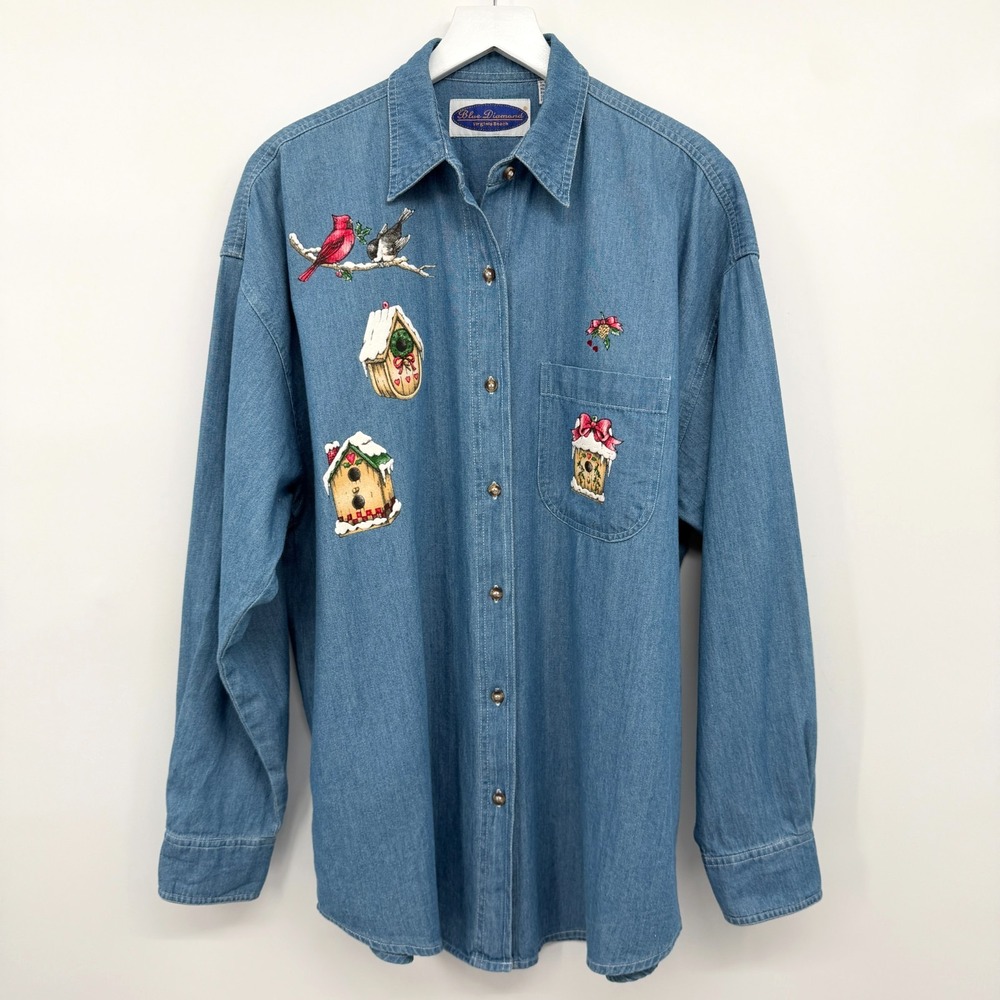 Vintage Denim Top Shirt Size Large Bird Lover Birdhouse Cottagecore Grandmacore